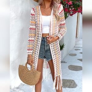 Floerns Women's Boho Striped Print Hollow Out Long Sleeve Fringe Trim Open Front